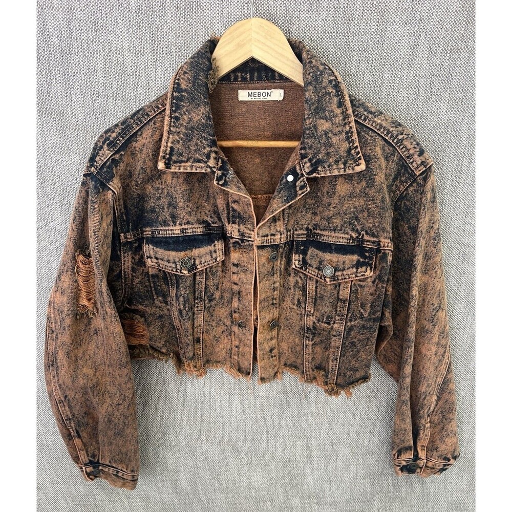 MEBON Women’s Brown/Black Acid Wash Jacket L Button Front Pockets Fringe